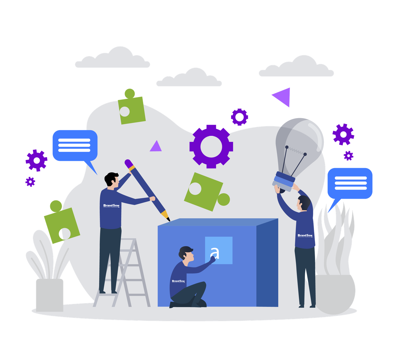 Illustration of the BrandSew team building a brand together