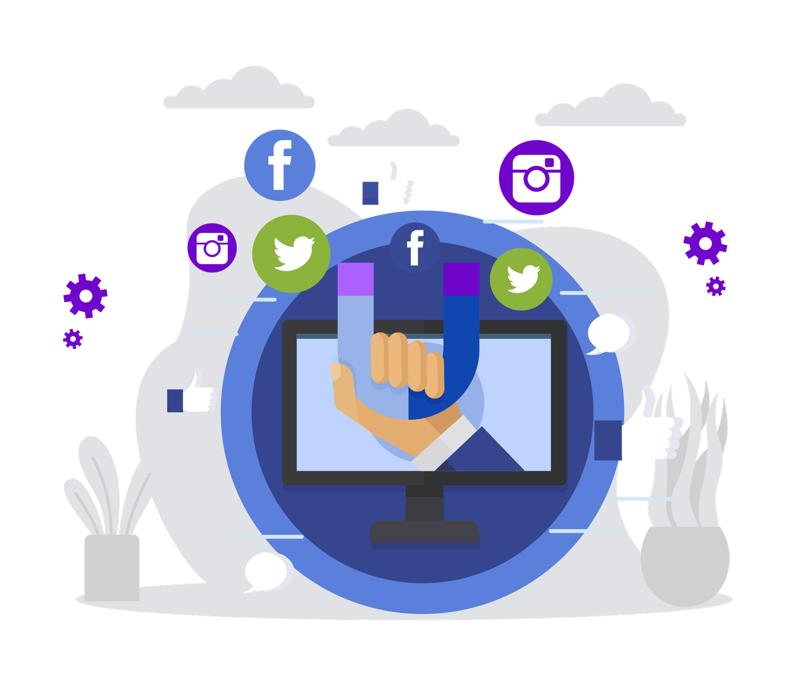 Illustration of social media icons around a screen