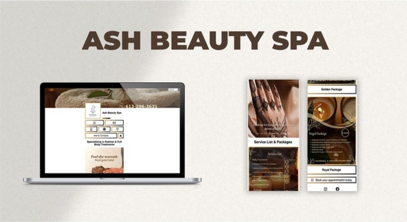 Ash Beauty Spa: Mini website with services, packages and a booking button.