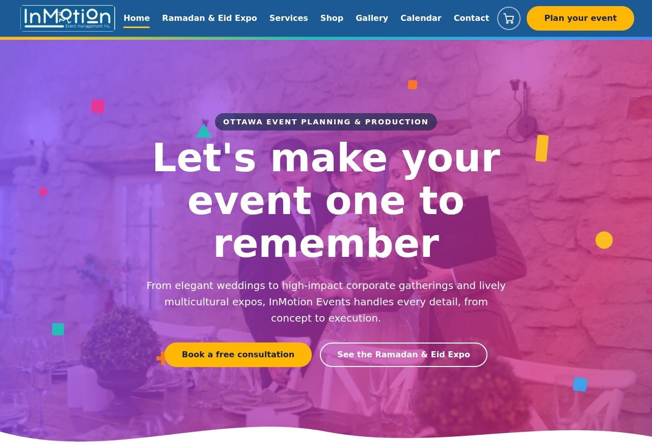 InMotion Events: Event planning website with services, the Ramadan and Eid Expo, a gallery and a booking calendar.