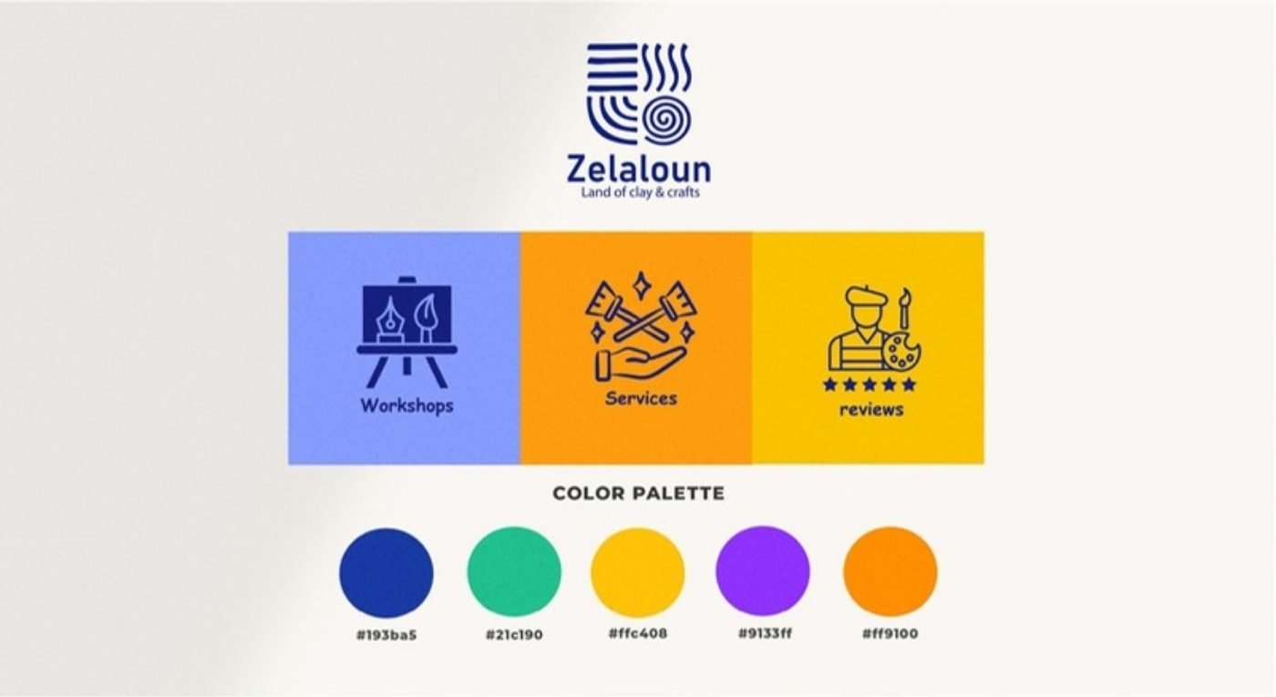 Zelaloun: Logo, icon set and colour palette for a clay and crafts studio.